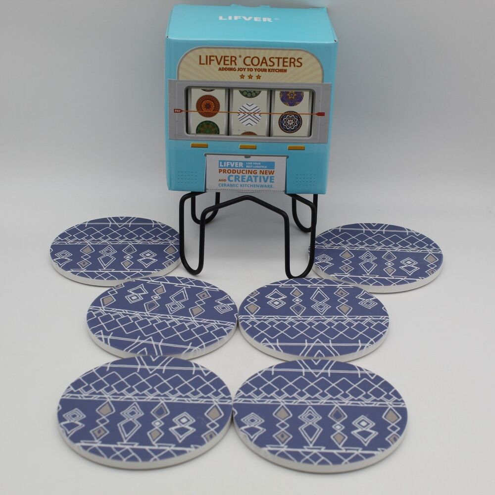 Absorbent Drink Ceramic Coasters & Holder Set of 6 w/Cork Back Blue Bohemian